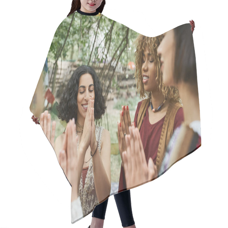 Personality  Smiling And Stylish Interracial Women Praying Together Outdoors In Retreat Center Hair Cutting Cape