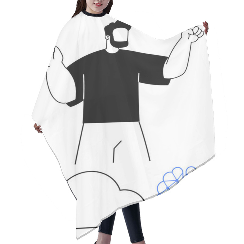 Personality  Man Pointing Upward With A Cloud Icon And Neural Network Brain. Ideal For Technology, AI, Machine Learning, Cloud Computing, Data Science, Innovation, Presentations. Line Metaphor Hair Cutting Cape