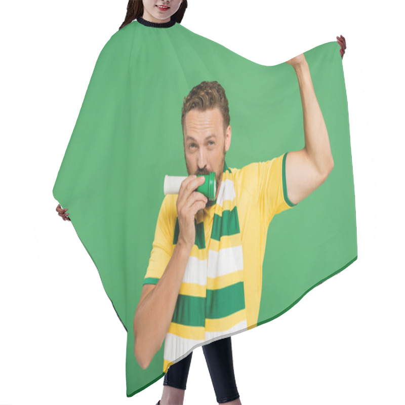 Personality  Bearded Sports Fan In Scarf Blowing Horn While Cheering Isolated On Green  Hair Cutting Cape