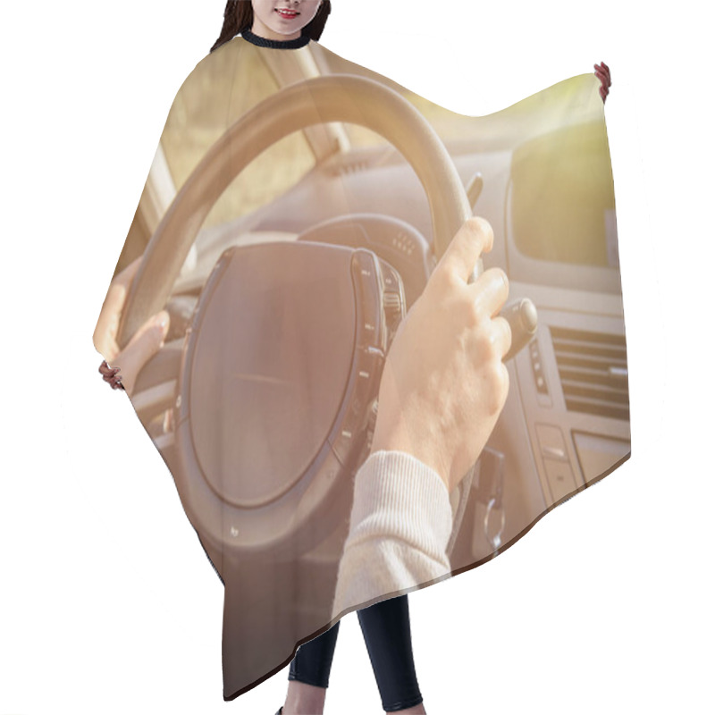 Personality  Woman Driving A Car, View From Behind Hair Cutting Cape