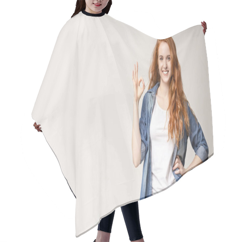 Personality  Happy Millennial Girl Gesturing Ok Sign And Smiling Hair Cutting Cape