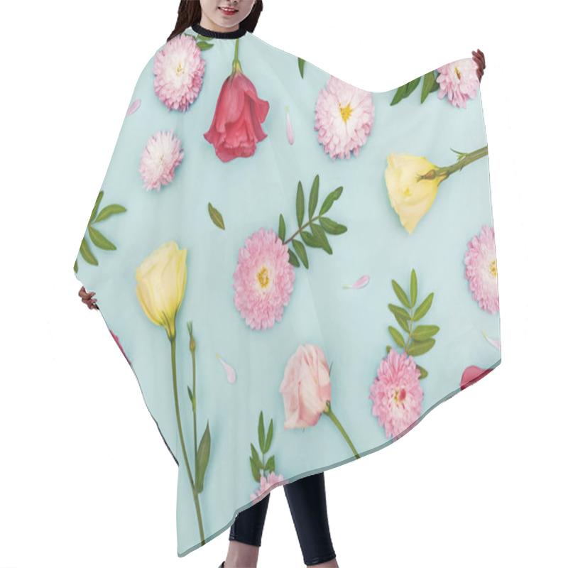 Personality  Creative Flat Lay Composition With Flowers, Leaves And Petals. Hair Cutting Cape