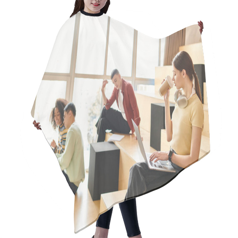 Personality  Multicultural Group Including African American Girl Sitting Together On A Spacious Wooden Bench Hair Cutting Cape