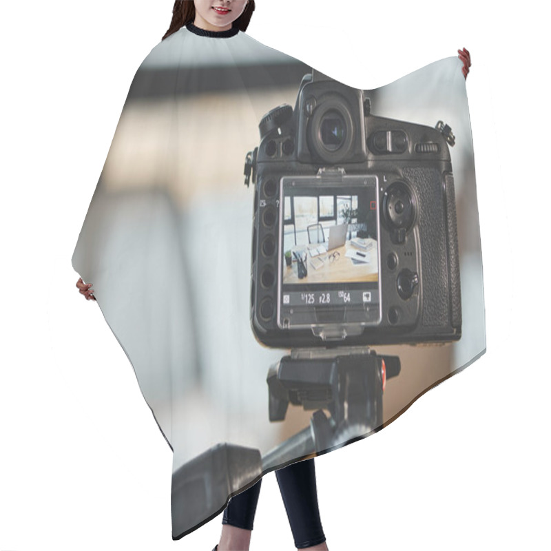 Personality  Close Up View Of Digital Camera With Work Desk On Screen In Blurred Office, Video Content Creation Hair Cutting Cape