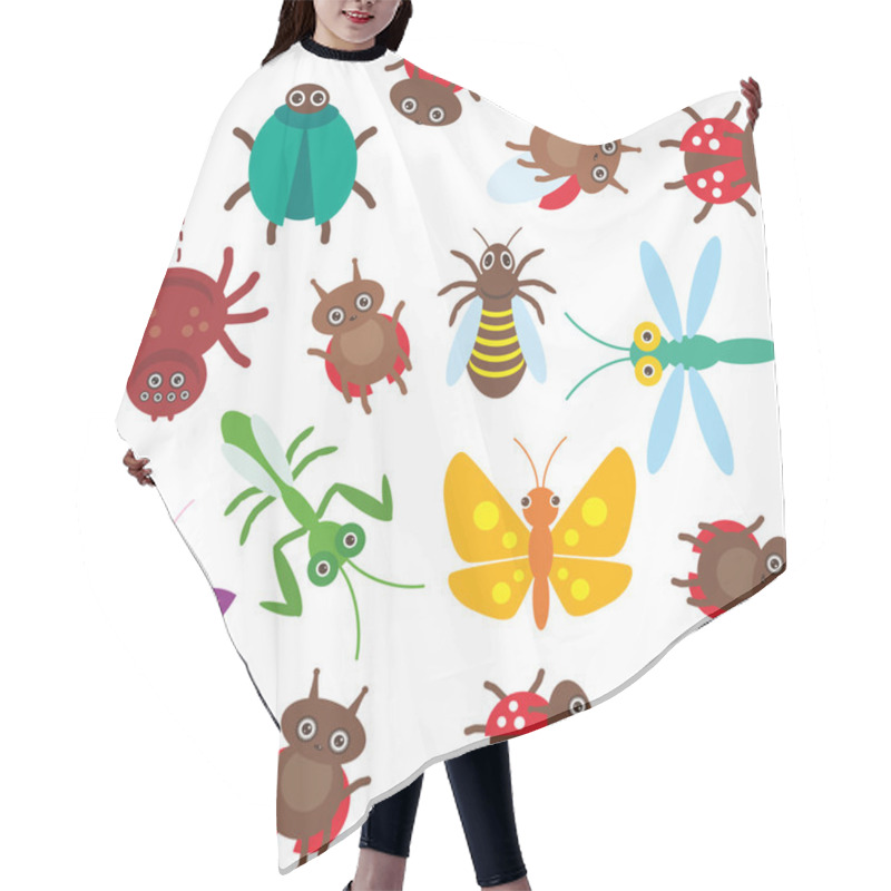 Personality  Funny Insects Spider Butterfly Dragonfly Mantis Beetle Wasp Ladybugs Seamless Pattern On White Background. Vector Hair Cutting Cape