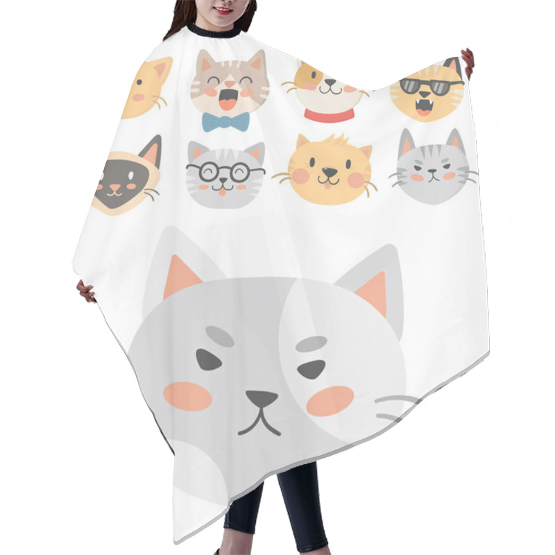 Personality  Cats Heads Vector Illustration Cute Animal Funny Decorative Characters Feline Domestic Trendy Pet Drawn Hair Cutting Cape