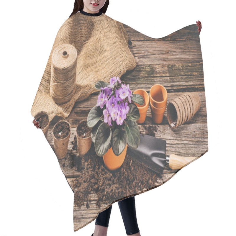 Personality  Planting A Potted Plant On Natural Wooden Background In Garden Hair Cutting Cape