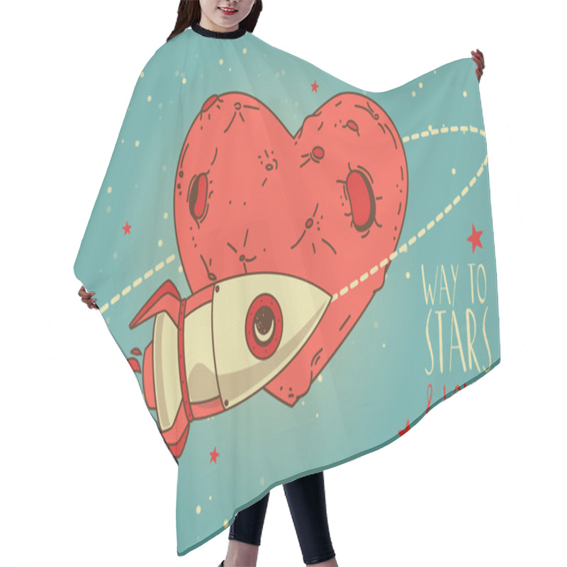 Personality  Cosmic Card For Valentine's Day With Rocket On Heart Formed Planet Orbit Hair Cutting Cape