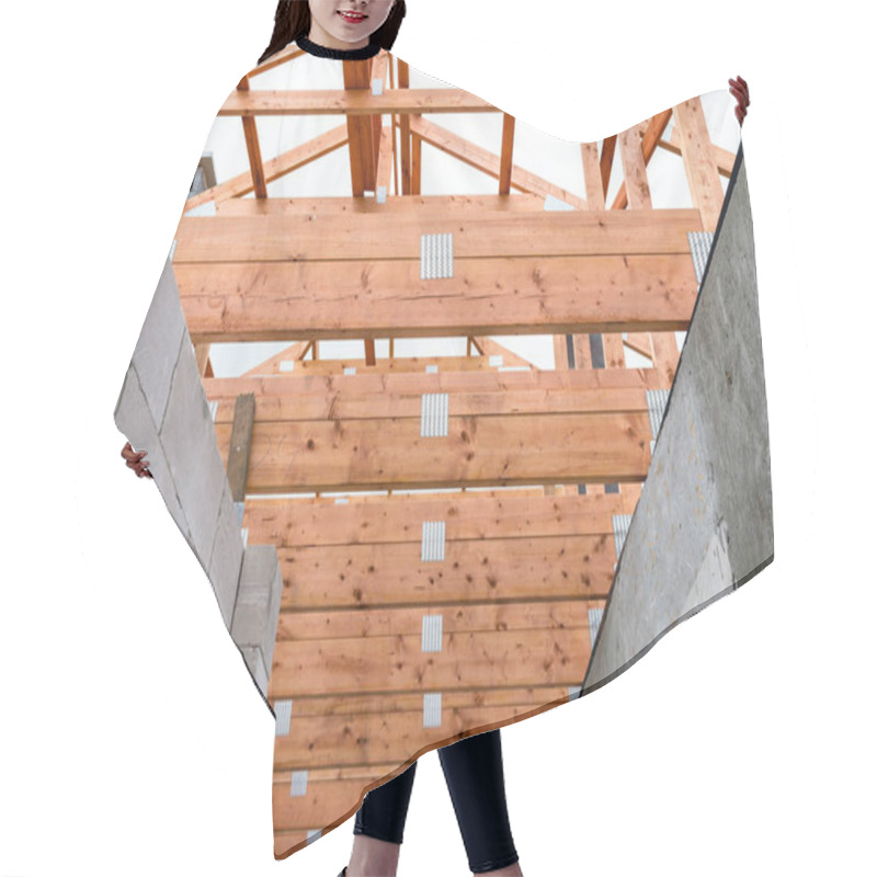 Personality  Roof Trusses Not Covered With Ceramic Tile On A Detached House Under Construction, Visible Roof Elements, Battens, Counter Battens, Rafters. Hair Cutting Cape