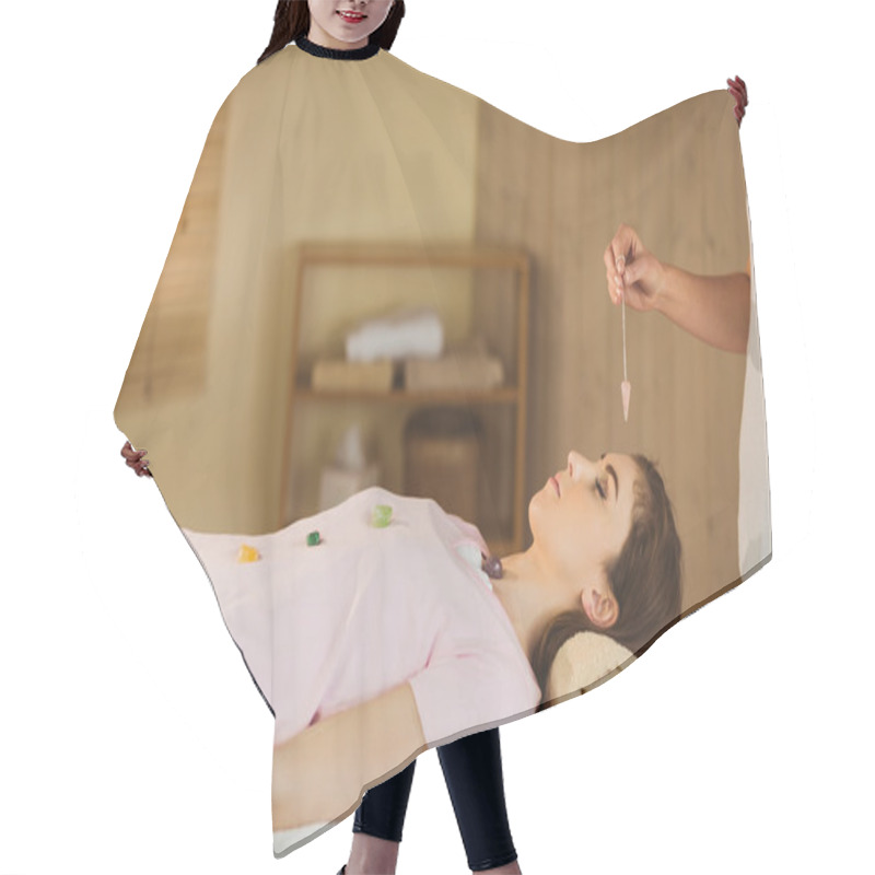 Personality  Young Woman At Crystal Healing Session Hair Cutting Cape