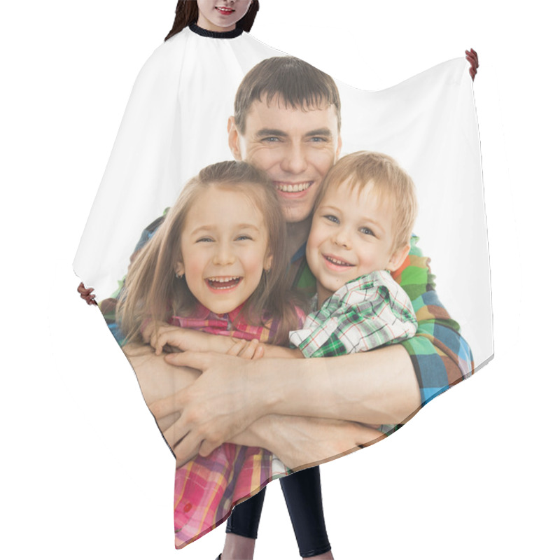 Personality  Joyful Father Hugging His Son And Daughter Hair Cutting Cape