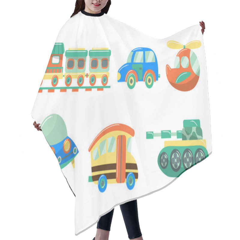 Personality  Set Of Cute Transportation Toys For Children. Vector Illustration In Flat Cartoon Style. Hair Cutting Cape