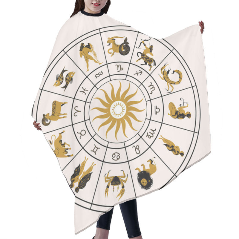 Personality  Horoscope And Astrology. Horoscope Wheel With The Twelve Signs Of The Zodiac. Zodiacal Circle. Zodiac Signs Aries, Taurus, Gemini, Cancer, Leo, Virgo, Libra, Scorpio, Sagittarius, Capricorn, Aquarius, Pisces. Vector Illustration. Hair Cutting Cape