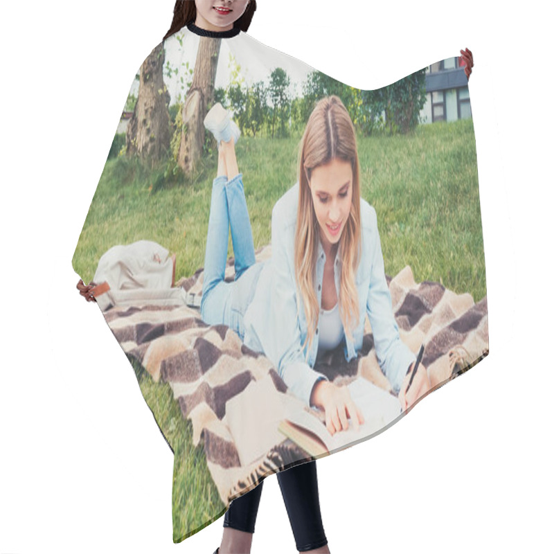 Personality  Happy Student Writing In Notebook And Reading Book While Lying On Blanket In Park Hair Cutting Cape