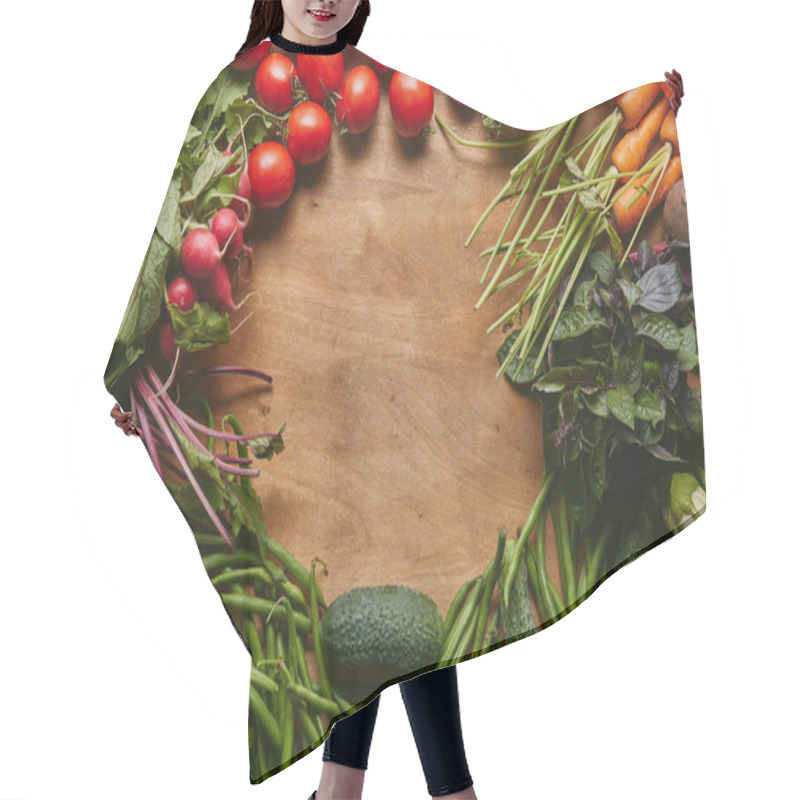 Personality  Frame Of Healthy Green And Red Vegetables On Wooden Table Hair Cutting Cape