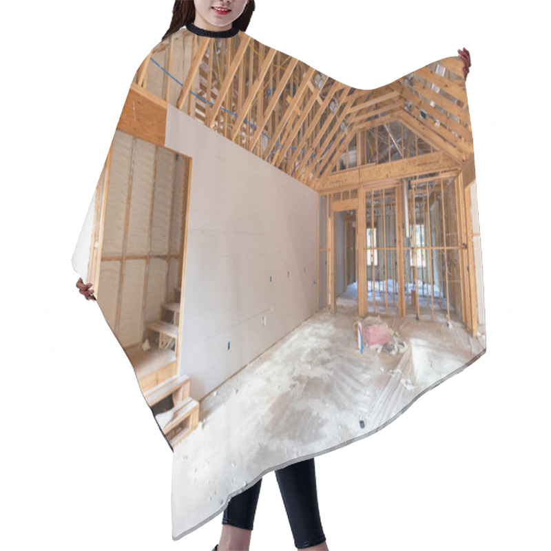 Personality  Room In Home, Under Contruction, With Spray Foam And Drywall Visible Hair Cutting Cape