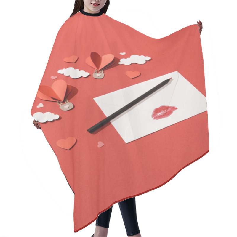 Personality  Paper Clouds And Heart Shaped Air Balloons, Envelope With Lip Print And Pencil On Red Background Hair Cutting Cape