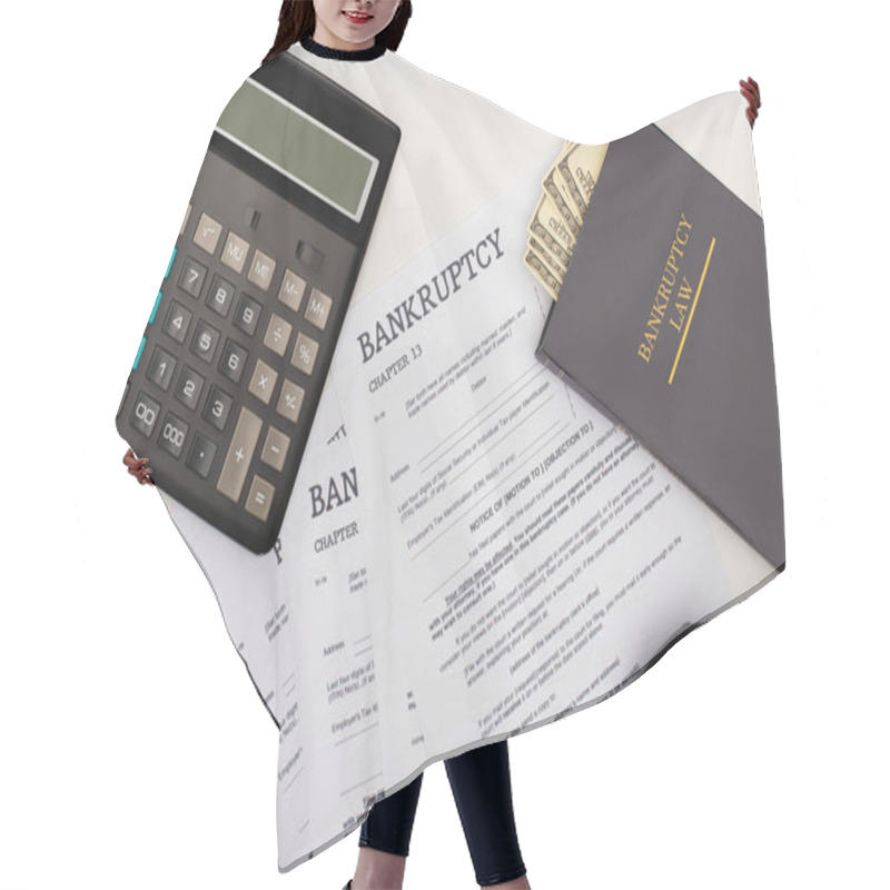 Personality  Top View Of Bankruptcy Papers, Law Book With Money, Calculator And Piggy Bank On White Background Hair Cutting Cape