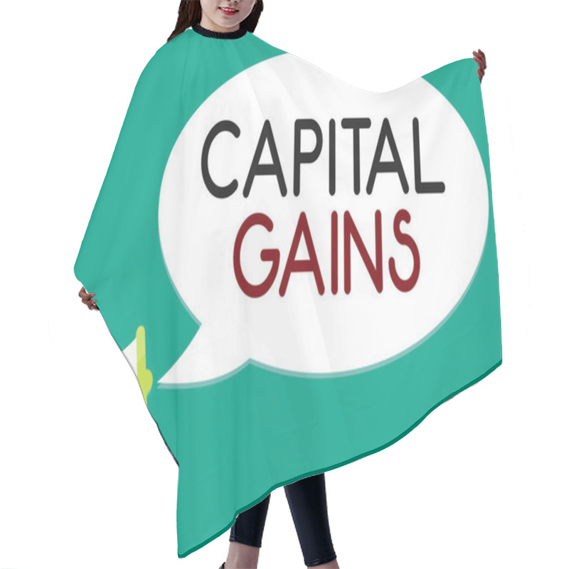 Personality  Handwriting Text Writing Capital Gains. Concept Meaning Bonds Shares Stocks Profit Income Tax Investment Funds Man Holding Megaphone Loudspeaker Speech Bubble Message Speaking Loud. Hair Cutting Cape