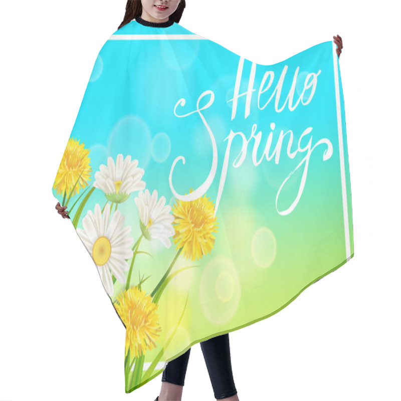 Personality  Spring Daisies, Chamomiles Dandelions Juicy Green Lettering Spring Grass Background Template For Banners, Web, Flyer. Vector Illustration Isolated. Hair Cutting Cape