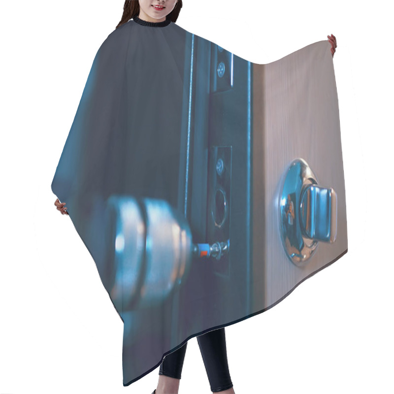 Personality  Installation Of Lock In The Door, Closeup, Security Concept Hair Cutting Cape