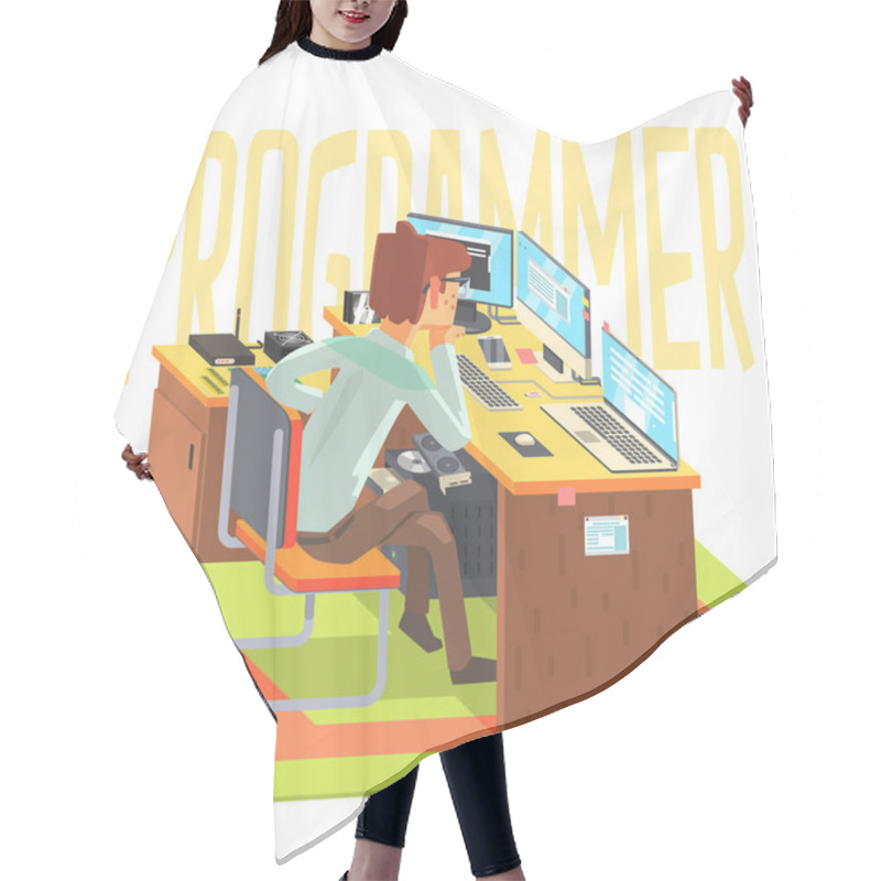 Personality  Hacker, Working At A Laptop, Vector Illustration Hair Cutting Cape