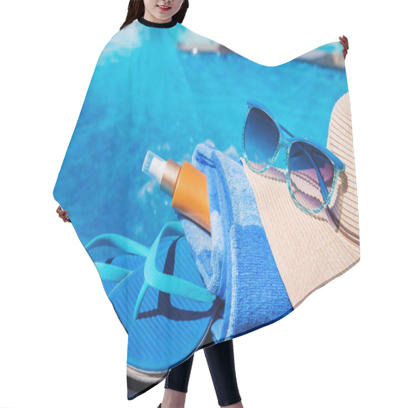 Personality  Blue Slippers With Sunscreen Cream, Towel, Straw Hat And Sunglas Hair Cutting Cape