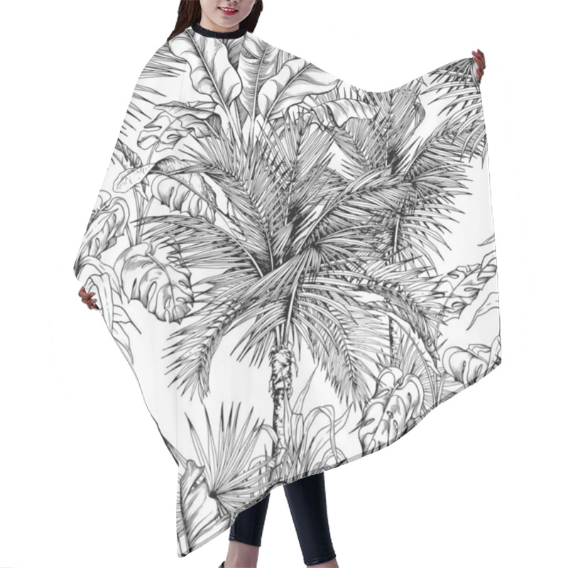 Personality  Black And White Seamless Pattern With Sketchy Tropical Palm Foliage. Hair Cutting Cape