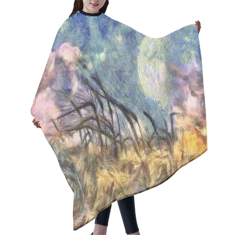 Personality  Surreal Painting. Field Of Wheat, Full Moon In The Sky. Hair Cutting Cape