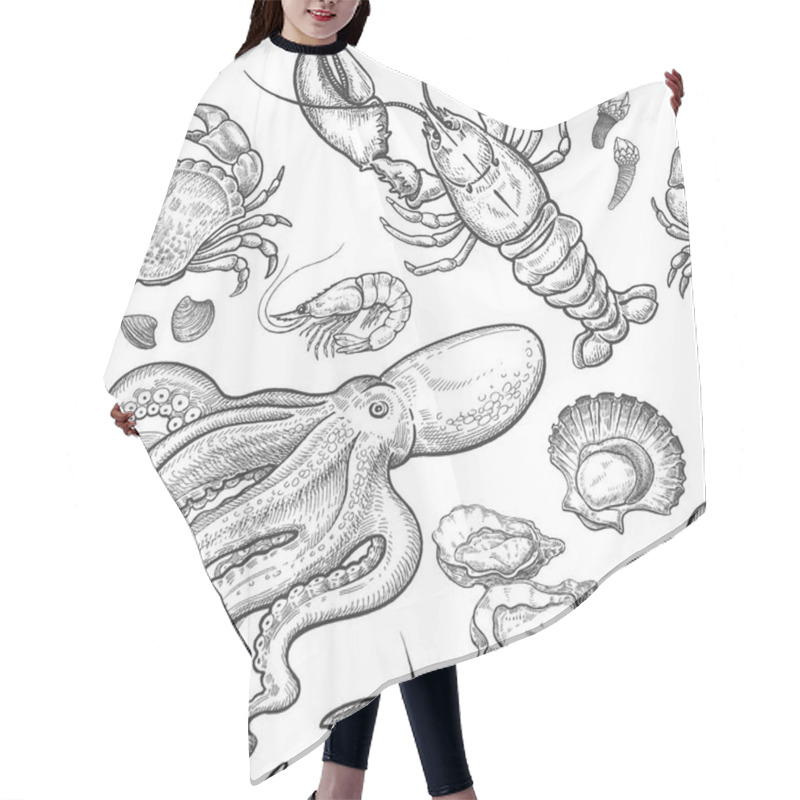 Personality  Black And White Seamless Pattern With Pictures Of Hand Drawings. Marine Animals And Shellfish. Vector Illustration With Seafood For Paper, Fabric, Kitchen And Restaurant Design. Vintage Engraving Art. Hair Cutting Cape