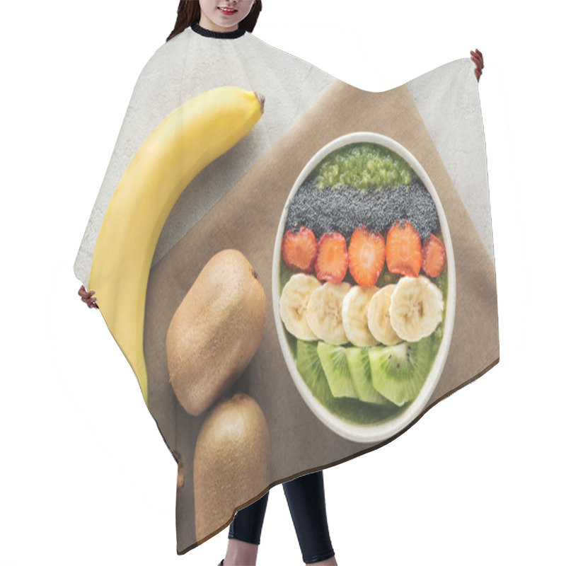 Personality  Top View Of Delicious Smoothie Bowl With Fresh Fruits And Ingredients On Grey Background Hair Cutting Cape