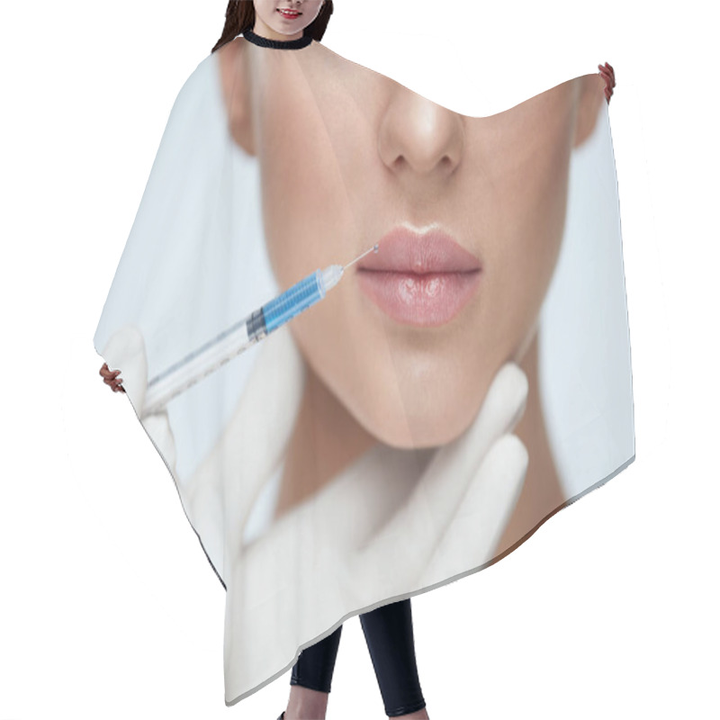 Personality  Lip Augmentation. Young Woman Lips Receiving Beauty Injection Hair Cutting Cape