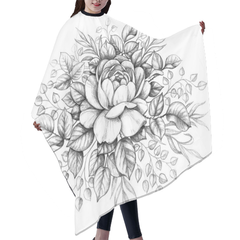 Personality  Hand Drawn Floral Composition With Rose Flower, Leaves And Curls Isolated On White Background. Monochrome Illustration In Vintage Style. Pencil Drawing Romantic Tattoo Design, Floral Decoration.   Hair Cutting Cape