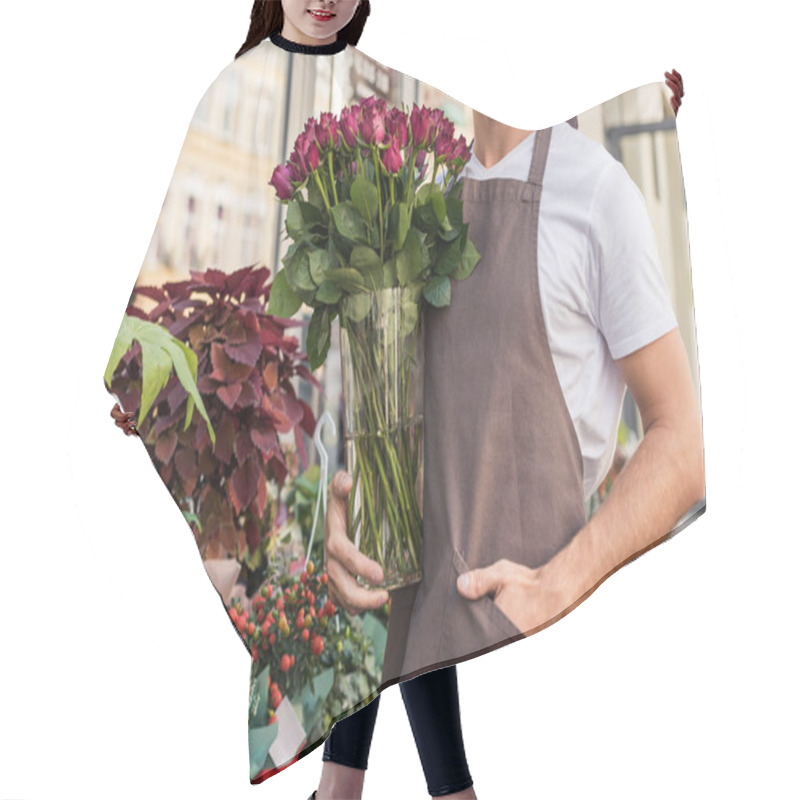 Personality  Cropped Image Of Florist Holding Glass Jar With Burgundy Roses Near Flower Shop Hair Cutting Cape