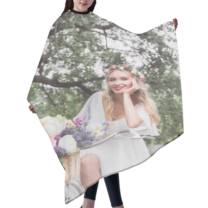 Personality  Beautiful Young Bride Riding Bicycle With Flower Basket And Smiling At Camera  Hair Cutting Cape