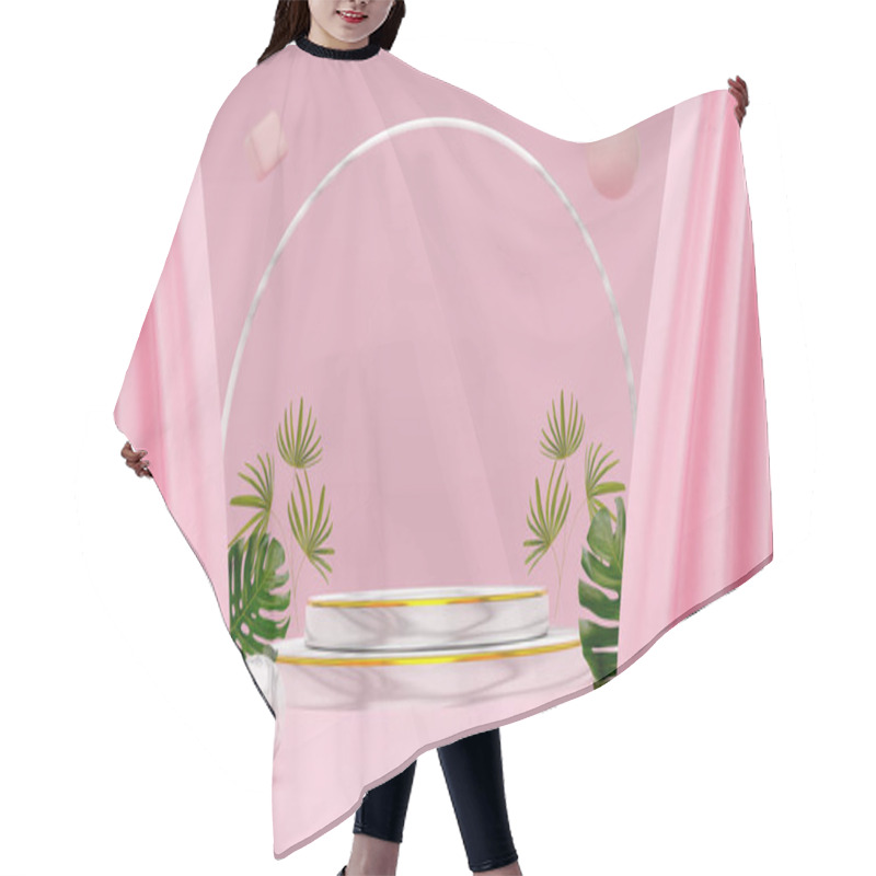 Personality  Podium Empty With Geometric Shapes And Curtain In Pink Pastel Composition For Modern Stage Display And Minimalist Mockup ,abstract Showcase Background ,Concept 3d Illustration Or 3d Render Hair Cutting Cape