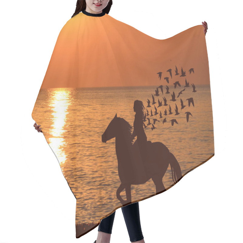 Personality  Abstract Woman Riding A Horse With Birds Flying From Her Hair At Hair Cutting Cape