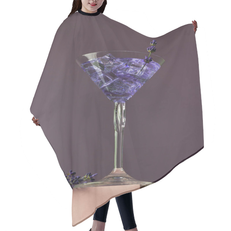 Personality  Purple Cocktail Drink In A Glass With Lavender Flowers On A Pink Podium. Summer Fresh Cocktail Concept. Copy Space. Hair Cutting Cape