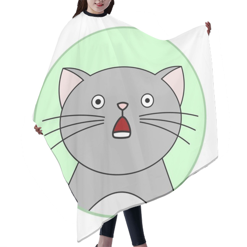 Personality  Cute Shocked Cat, Round Icon, Emoji. Gray Cat With Whiskers, With A Mouth Open From Shock, Round Eyes. Vector Image Isolated On A White Background. Hair Cutting Cape