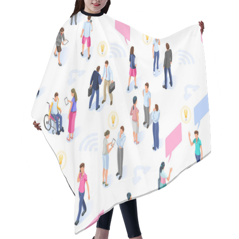 Personality  Brainstorm Infographic With Isometric Characters. Group For Development Resources. Idea Concept For Social Media Solutions. Flat Isometric People Illustration Vector Isolated On White Background. Hair Cutting Cape