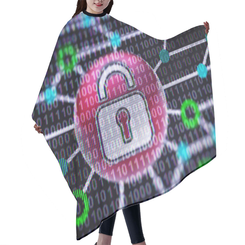 Personality  Lock Icon. Circuit Board And Binary Code ( Array Of Bits ) In The Screen.  Hair Cutting Cape