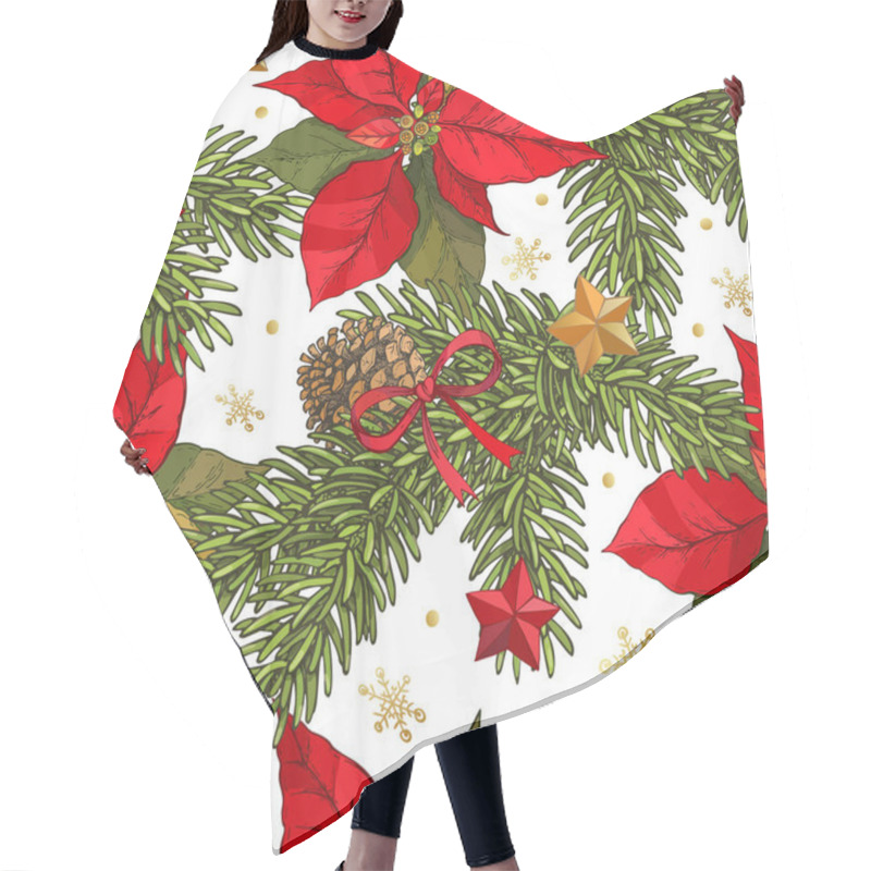 Personality  Vector Seamless Christmas Background With Hand Drawn With Spruce Branches, Cones, Poinsettia Flowers, Red And Gold Stars, Red Bows And Gold Snowflakes On White Background. New Year Pattern With Fluffy Hair Cutting Cape