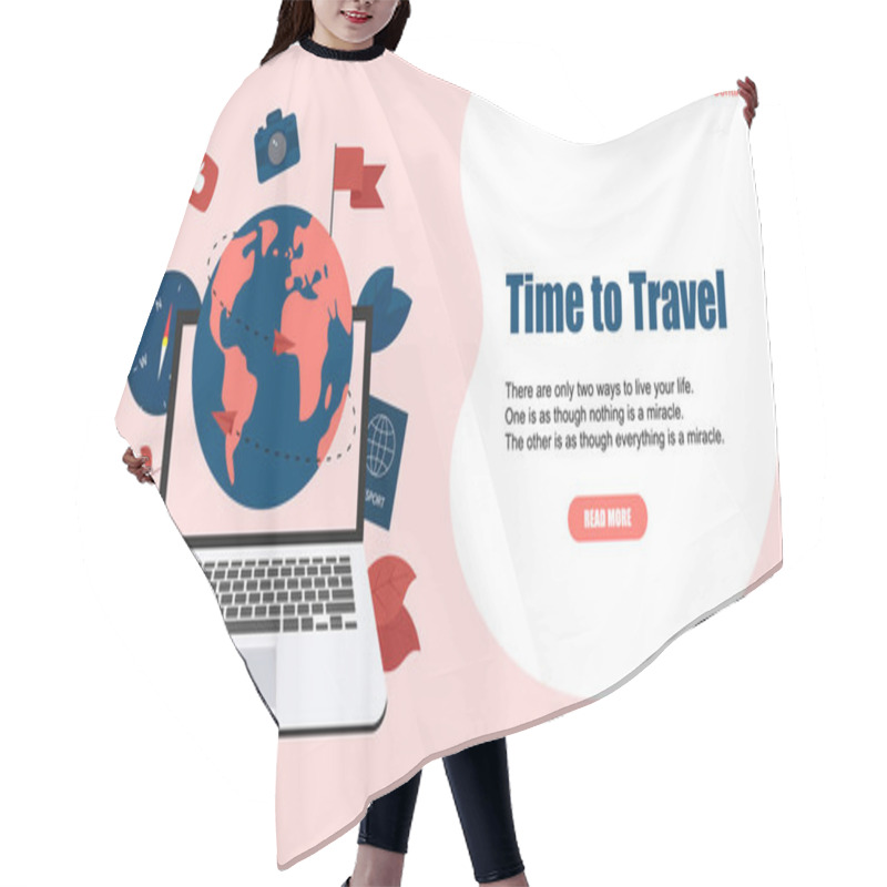 Personality  Webpage Template. Concept Of Time To Travel. Planet Earth For Travel Flat Design Concept With Two Airplanes Hair Cutting Cape