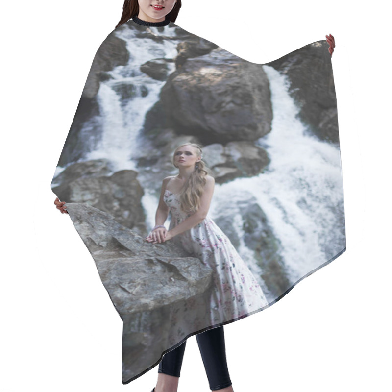 Personality  Girl On The Background Of A Waterfall In The Altai Mountains. Tale Of The River Nymph. Fairytale Photo Shoot. The Story Of Magic. Hair Cutting Cape