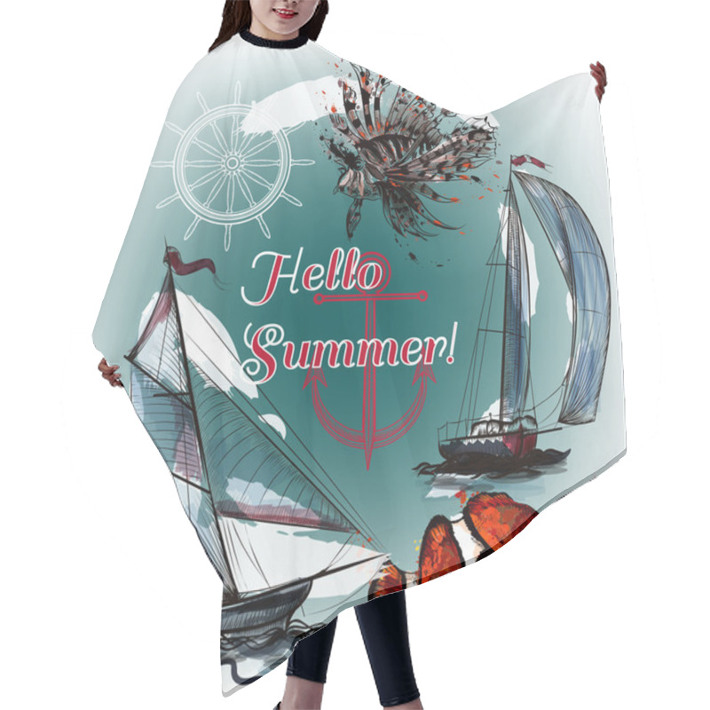 Personality  Sea Vector Background With Fishes And Ship In Engraved Style Hel Hair Cutting Cape