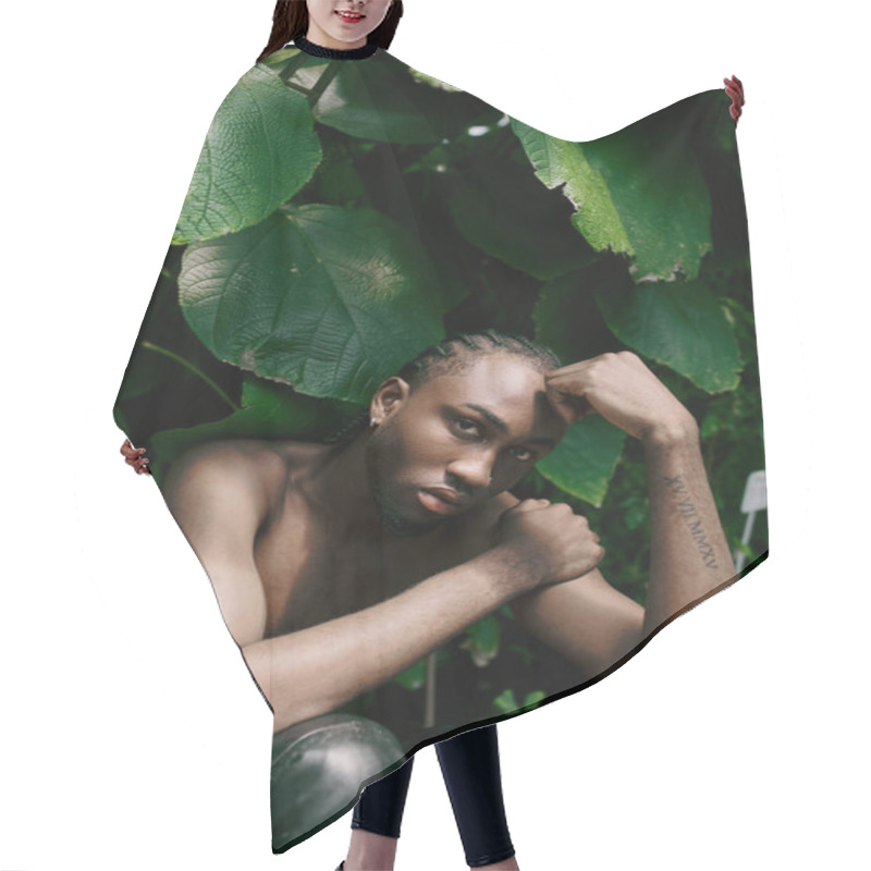 Personality  Shirtless Man With Dapper Style Relaxing By Lush Green Leaves. Hair Cutting Cape