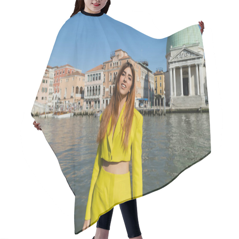 Personality  Happy Woman In Yellow Suit Looking At Camera Near Venetian Cityscape With Grand Canal Hair Cutting Cape