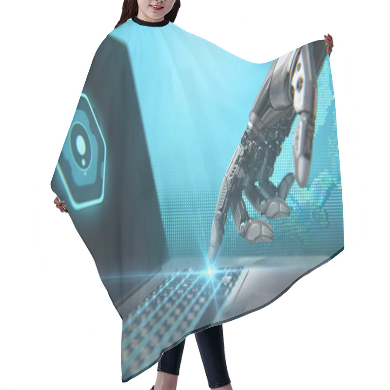 Personality  A Robot Working With Laptop. Highly Detailed Model Hair Cutting Cape