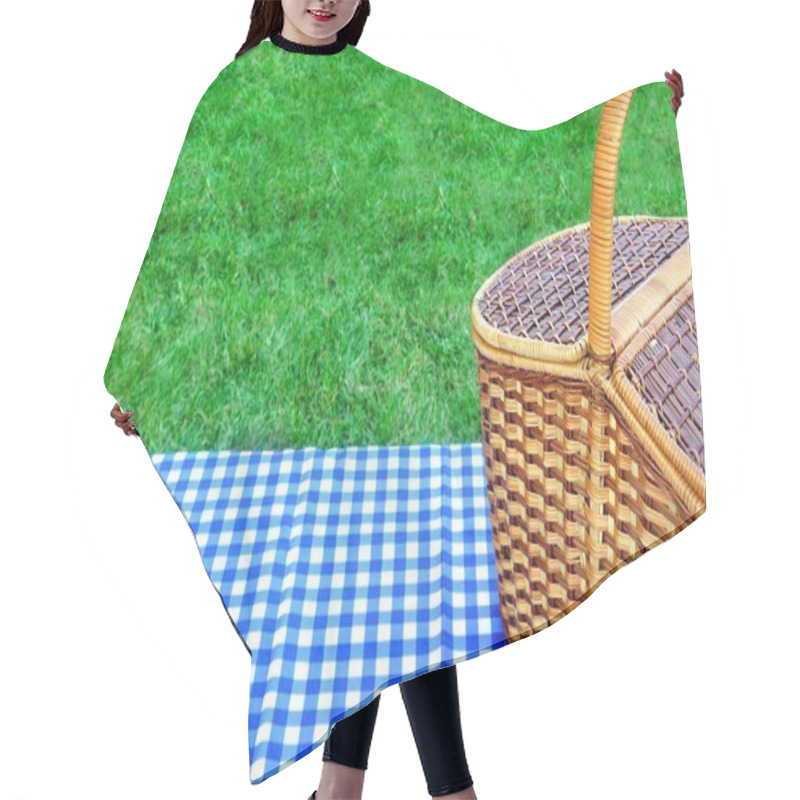 Personality  Picnic Basket On The Table With Blue White Tablecloth Hair Cutting Cape