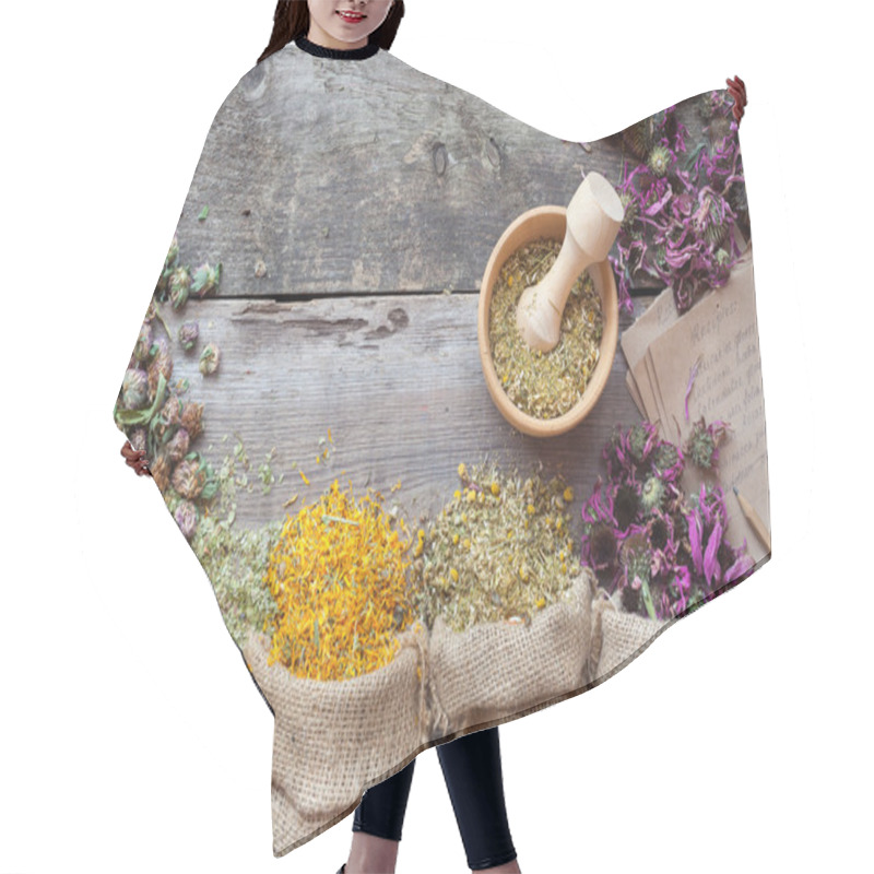 Personality  Healing Herbs In Hessian Bags, Wooden Mortar And Recipes, Herbal Hair Cutting Cape